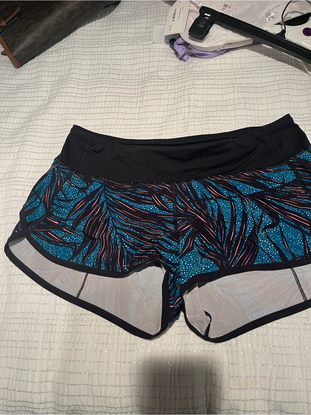 lululemon athletica Teal Leaf-Print Running Shorts with Black Waistband